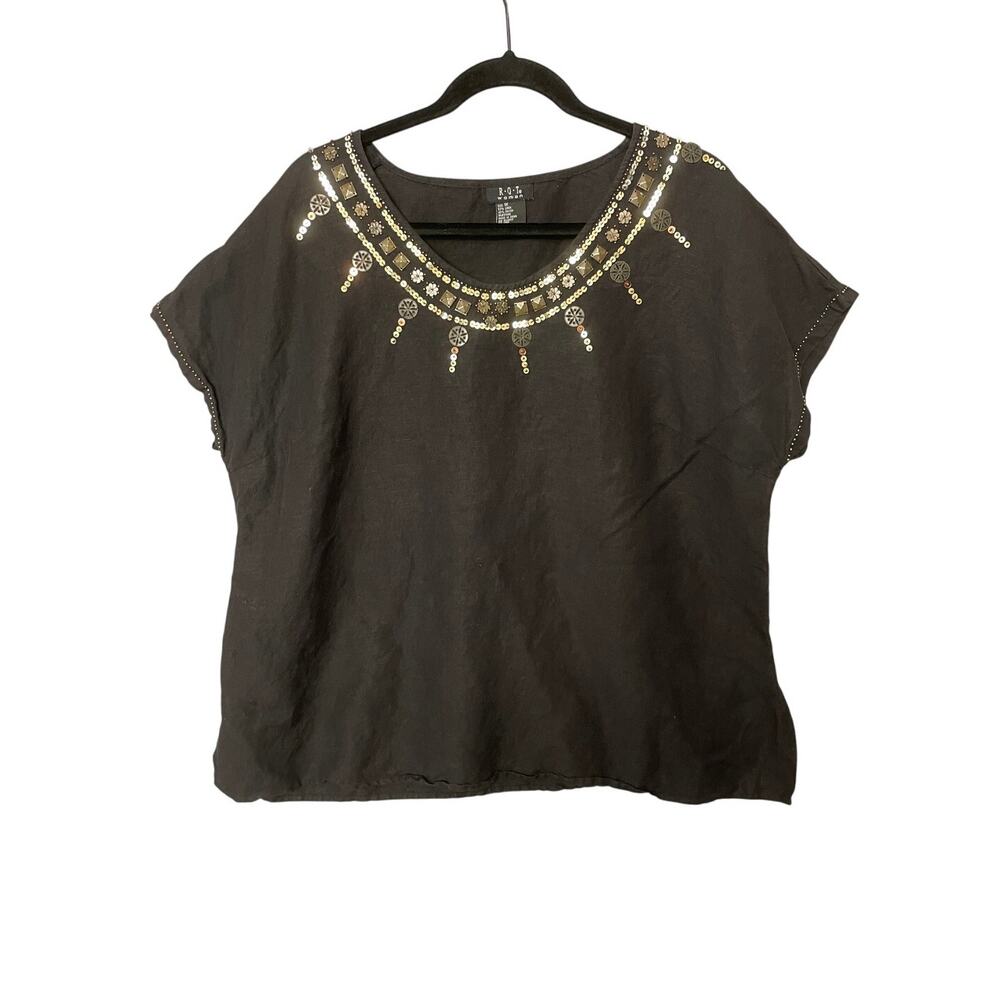 R.Q.T Dark Boho Sequin &‎ Beaded Linen Shirt Women's Size 1X Casual Resort Wear